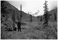 Backpackers camp in Arrigetch Valley. Gates of the Arctic National Park, Alaska (black and white)