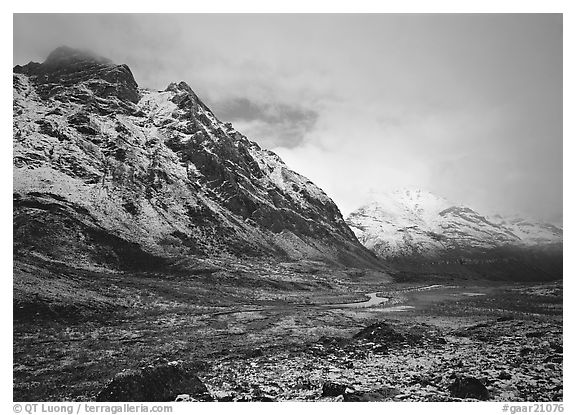 Valley and mountains, clearing storm. Gates of the Arctic National Park (black and white)