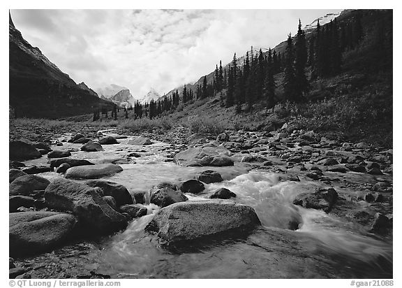 River flowing over boulders, Arrigetch Creek. Gates of the Arctic National Park (black and white)