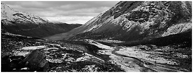Brooks range stormy scenery with fresh snow. Gates of the Arctic National Park (Panoramic black and white)