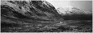 Brooks range landscape after snowstorm. Gates of the Arctic National Park (Panoramic black and white)