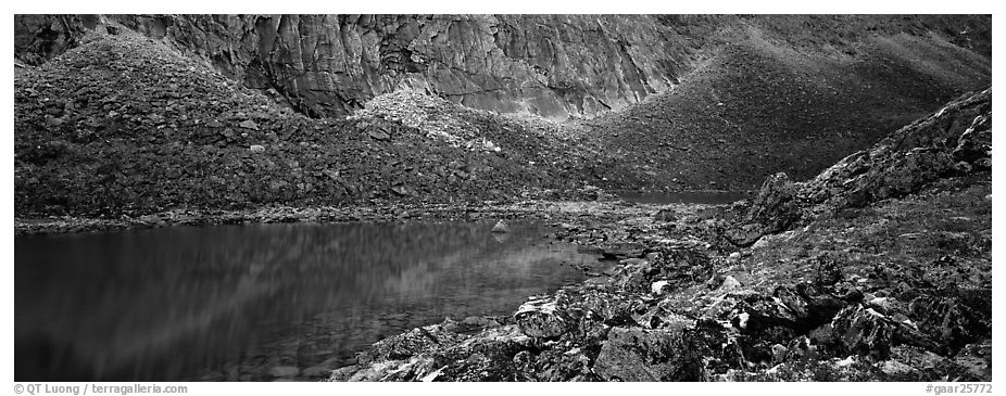 Turquoise lake and scree slopes. Gates of the Arctic National Park (black and white)