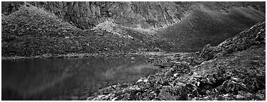Turquoise lake and scree slopes. Gates of the Arctic National Park (Panoramic black and white)