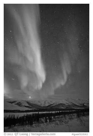 Aurora and Jupiter over Brooks Range. Gates of the Arctic National Park (black and white)