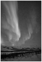 Aurora and Jupiter over Brooks Range. Gates of the Arctic National Park, Alaska, USA. (black and white)