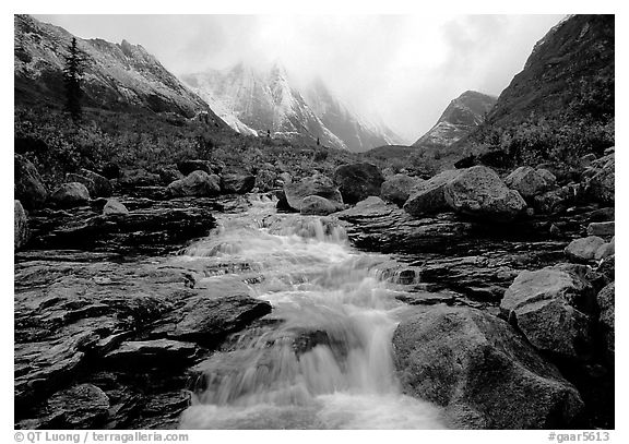 Stream and Arrigetch Peaks. Gates of the Arctic National Park (black and white)