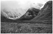 Tundra and Arrigetch Peaks partly hidden by clouds. Gates of the Arctic National Park, Alaska, USA. (black and white)