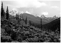 Arrigetch Peaks from boulder field in Arrigetch Creek. Gates of the Arctic National Park ( black and white)