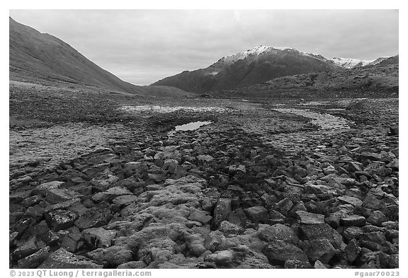 Field of angular rocks alternating with moss and snowy mountains. Gates of the Arctic National Park (black and white)