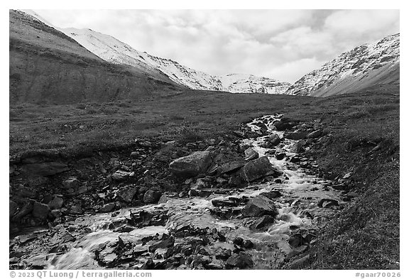 Stream and snowy mountains. Gates of the Arctic National Park (black and white)
