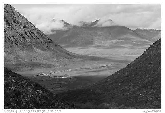 North slope mountains and valleys in autumn. Gates of the Arctic National Park (black and white)