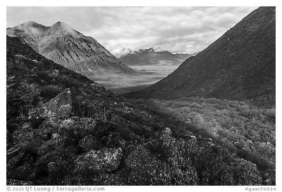 Rocky slope and Kollutuk Mountain in autumn. Gates of the Arctic National Park (black and white)