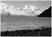 Snowy mountains of Fairweather range and West Arm, morning. Glacier Bay National Park ( black and white)