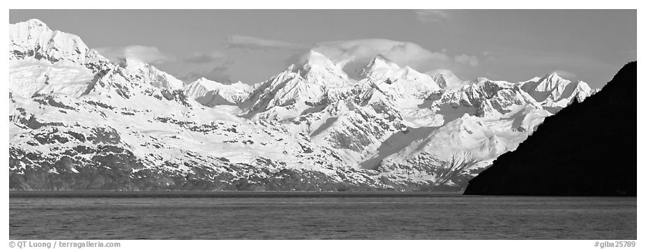 Snow-covered Fairweather mountains. Glacier Bay National Park (black and white)