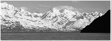 Snow-covered Fairweather mountains. Glacier Bay National Park (Panoramic black and white)