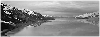 Marine scenery with snowy mountains and ice. Glacier Bay National Park (Panoramic black and white)