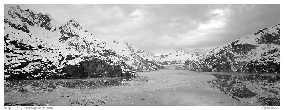 Fjord landscape with mountains and glaciers. Glacier Bay National Park (black and white)