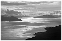 Aerial view of Glacier Bay entrance. Glacier Bay National Park, Alaska, USA. (black and white)