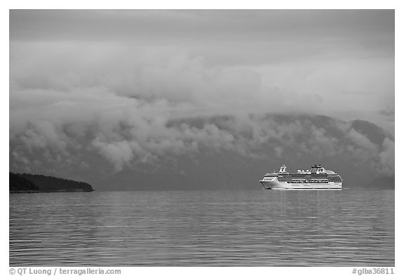 Cruise vessel in blue seascape. Glacier Bay National Park (black and white)