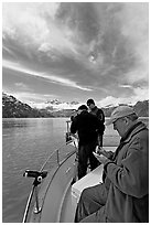 Movie producer taking notes as crew films. Glacier Bay National Park ( black and white)