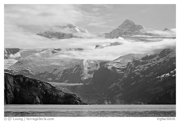 Rugged peaks of Fairweather range rising abruptly above the Bay. Glacier Bay National Park, Alaska, USA.