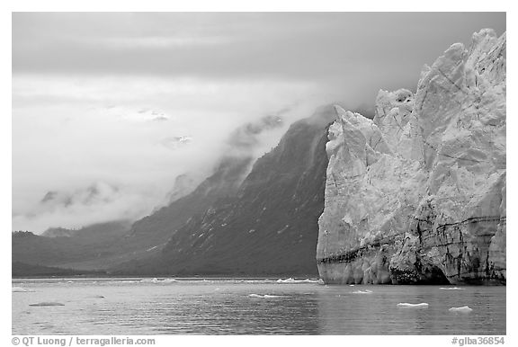 Margerie Glacier and foggy mountains surrounding Tarr Inlet. Glacier Bay National Park (black and white)