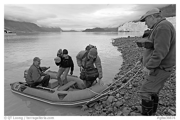 Film crew lands near Margerie Glacier. Glacier Bay National Park (black and white)