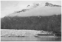 Cruise ship, Margerie Glacier, and Mt Forde. Glacier Bay National Park, Alaska, USA. (black and white)
