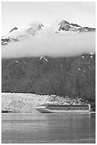 Cruise ship and Margerie Glacier at the base of Mt Forde. Glacier Bay National Park ( black and white)