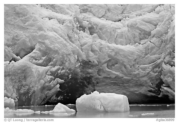 Iceberg and blue ice cave at the base of Reid Glacier. Glacier Bay National Park (black and white)