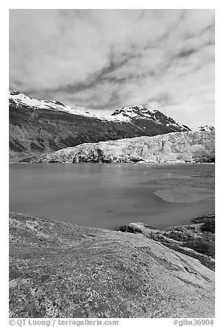 Reid Inlet and Reid Glacier terminus. Glacier Bay National Park (black and white)