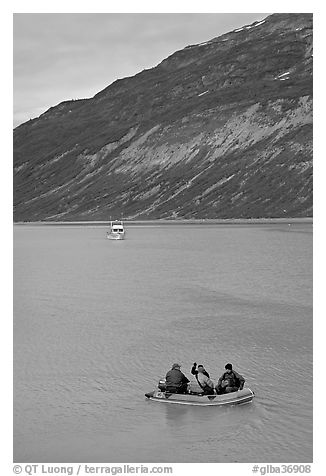 Skiff and tour boat in Reid Inlet. Glacier Bay National Park (black and white)