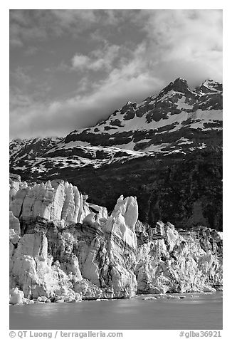Seracs on the face of Lamplugh glacier and Mount Cooper. Glacier Bay National Park (black and white)