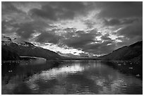 Mount Forde, Margerie Glacier, Mount Eliza, Grand Pacific Glacier, and Tarr Inlet, cloudy sunset. Glacier Bay National Park ( black and white)