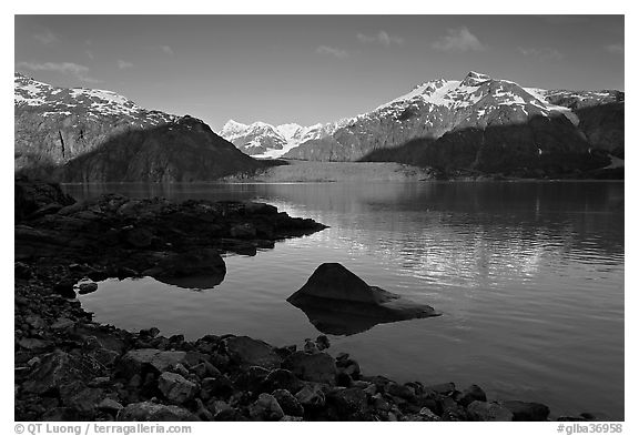 Mount Fairweather, Margerie Glacier, Mount Forde, and cove. Glacier Bay National Park (black and white)