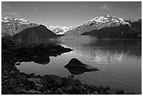 Mount Fairweather, Margerie Glacier, Mount Forde, and cove. Glacier Bay National Park, Alaska, USA. (black and white)