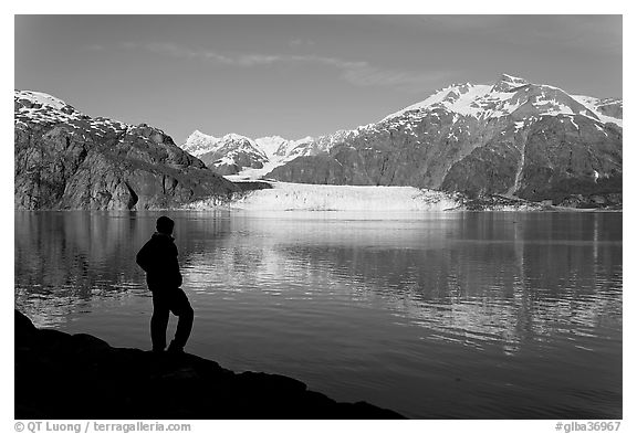 Man in silhouette looking at Tarr Inlet, Fairweather range and Margerie Glacier. Glacier Bay National Park (black and white)