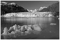 Iceberg, wide front of Margerie Glacier and Fairweather range. Glacier Bay National Park, Alaska, USA. (black and white)