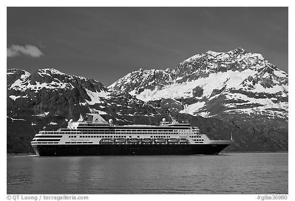 Cruise ship and snowy peaks. Glacier Bay National Park (black and white)