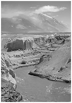 Convergence of the Lethe river and and Knife river, Valley of Ten Thousand smokes. Katmai National Park, Alaska, USA. (black and white)