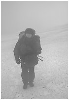 Backpacker in white-out conditions, Valley of Ten Thousand smokes. Katmai National Park, Alaska (black and white)