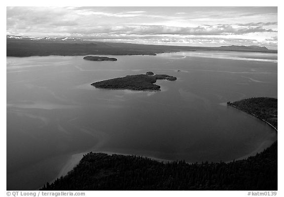 Aerial view of Naknek lake. Katmai National Park (black and white)