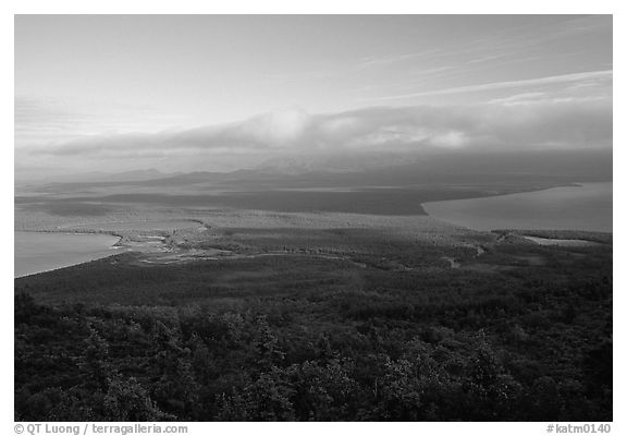 Brooks camp and river seen from Dumpling mountain in summer. Katmai National Park (black and white)