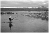 Man fishing for salmon in the Brooks river. Katmai National Park ( black and white)