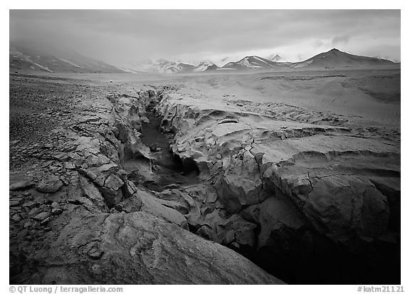 Lethe river gorge and volcanic peaks, Valley of Ten Thousand smokes. Katmai National Park (black and white)
