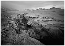 Lethe river gorge and volcanic peaks, Valley of Ten Thousand smokes. Katmai National Park ( black and white)
