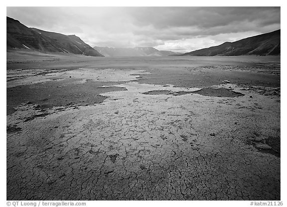Brightly colored ash in wide plain, Valley of Ten Thousand smokes. Katmai National Park (black and white)