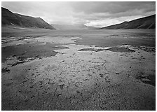 Brightly colored ash in wide plain, Valley of Ten Thousand smokes. Katmai National Park ( black and white)