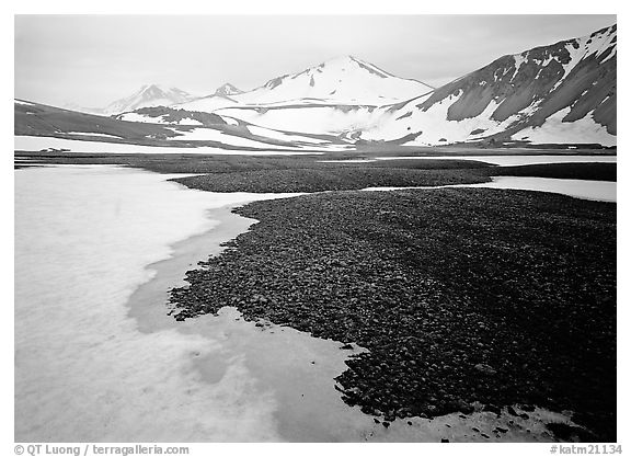 Melting snow and lichens, Valley of Ten Thousand smokes. Katmai National Park (black and white)