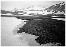 Melting snow and lichens, Valley of Ten Thousand smokes. Katmai National Park, Alaska, USA. (black and white)